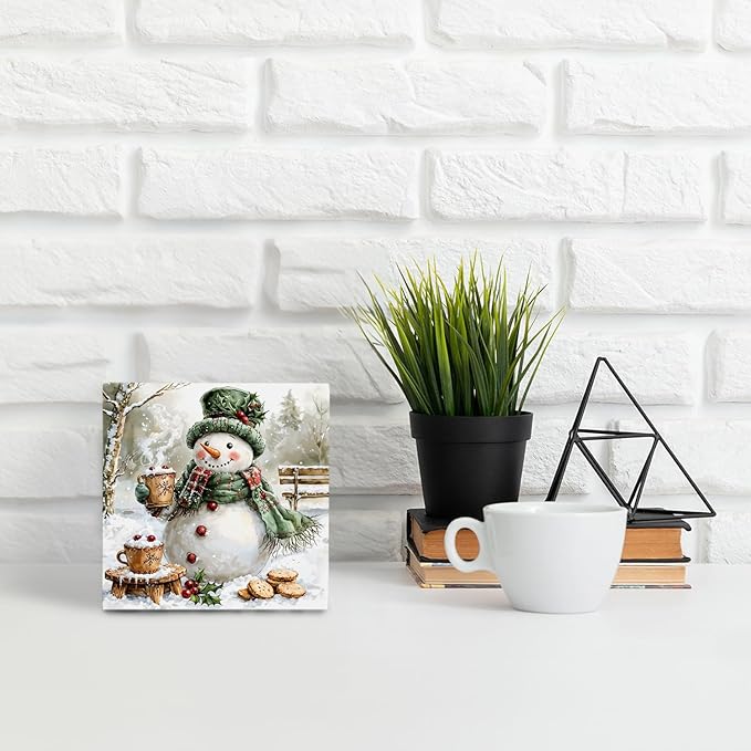 OFlich Green Snowman Wooden Box Sign, Rustic Christmas Snowman Wood Sign for Home Office Desk Table Shelf Decor, Winter Home Decor, 5x5 Inch