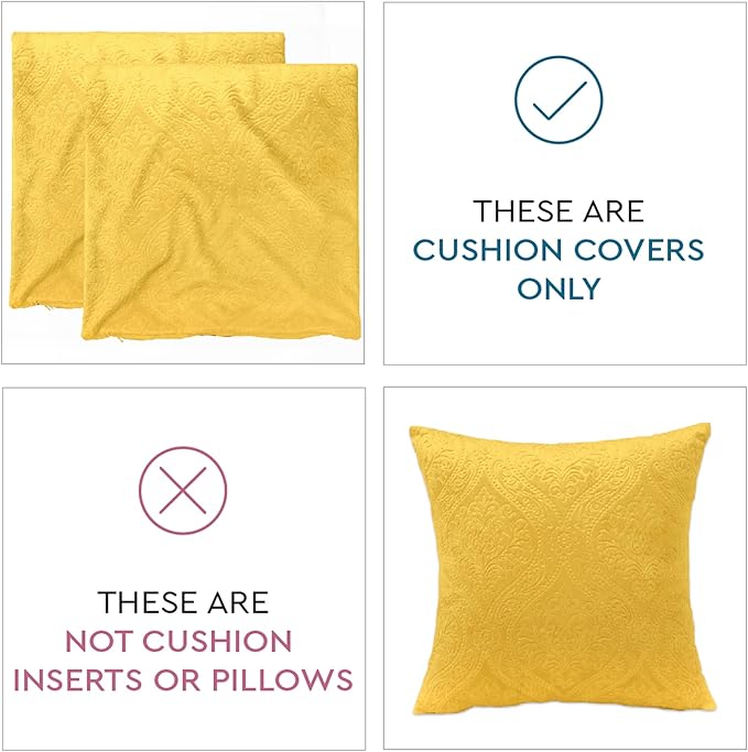 Encasa XO Luxury Embossed Velvet Cushion Covers - Plush Throw Pillow Covers for Elegant Living Rooms & Bedrooms, Machine Washable, 18x18 Lemon Yellow | Set of 2 | Covers Only No Insert.