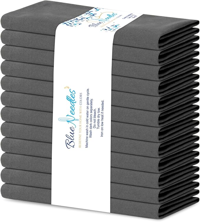 Blue Needles Solid Cloth Napkins Set of 12 Grey 100% Cotton Dinner Napkins 18x18 inches - Soft, Reusable, Absorbent & Washable Linen, Ideal for Christmas Events, Parties & Everyday Use