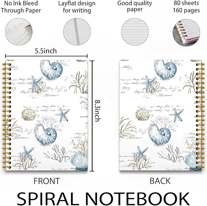 Vintage Ocean Notebook, Beach Notebook, Seashell Coral Aesthetic Notebook, Seashell Gifts, Ocean Composition Notebook, Beach Office Decor Spiral Notebook 5.5x8.3 Inch