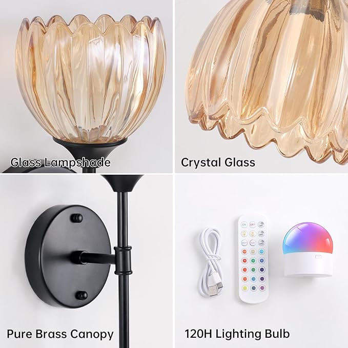 Battery Operated Wall Sconce Set of 2, Amber Tulip Vintage Wall Light Fixture Rechargeable 5000mAh Battery Powered Wall Lamp with Remote for Living Room Bathroom, Black