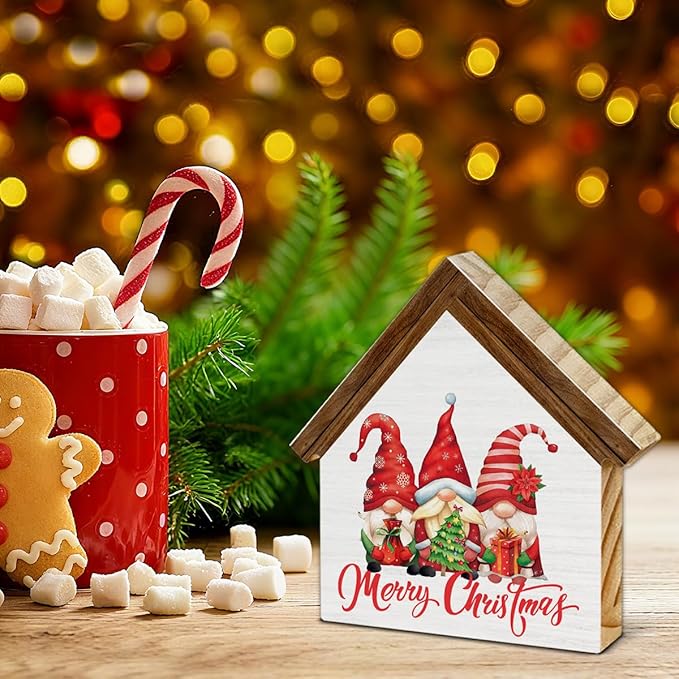 Gnome Christmas Decorations, Merry Christmas Gnomes House Shaped Wood Sign, Farmhouse Home Decor for Desk Table Shelf