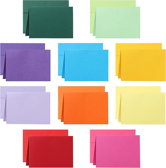 100 Packs 10 Assorted Colors Blank Cards and Envelopes 4.25 x 5.5 Heavyweight Folded Cardstock and A2 Envelopes Self Seal for Invitations, Wedding, DIY Greeting Cards, Thank You Cards