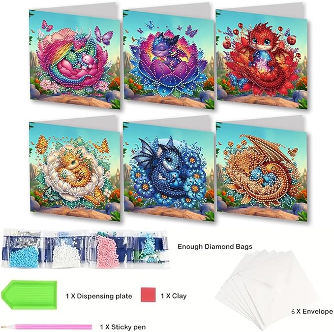 Ceitura 6Pcs DIY Shell Breaker Baby Dragon Diamond Art Painting Crafts Rhinestone Painting Makeing Greeting Card Making Kit Postcard for Holiday Christmas New Year Party Favors 11.81 * 5.9 inch
