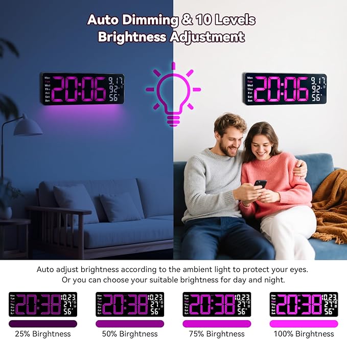 Digital Wall Clock Large Display, 17.3" Digital Clock with RGB Color Remote Control, Auto-Dimming Big Wall Clock with Night Light,Auto DST,Date Week,Temp for Home Decoration, for Elderly (Rose red)