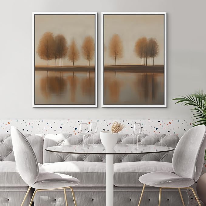 SIGNWIN Framed Canvas Print Wall Art Set Autumn Trees by The Lake Warm Brown Landscape Illustrations Modern Art Scenic Colorful for Living Room, Bedroom, Office - 24"x36"x2 White