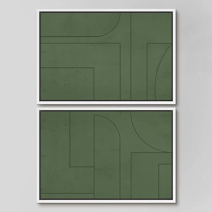 SIGNWIN Framed Canvas Print Wall Art Set Green Mid-Century Polygon Landscape Abstract Shapes Digital Art Modern Art Decorative Minimalism Vintage for Living Room, Bedroom, Office - 24"x36"x2 White
