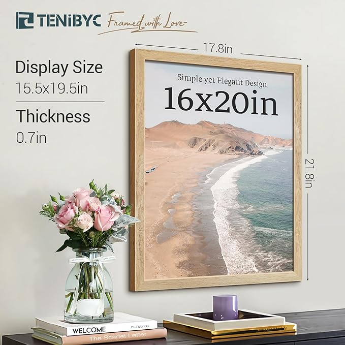16x20 Poster Frame 4 Pack, Natural Solid Wood Picture Frame, HD Tempered Glass, Wall Gallery Frame