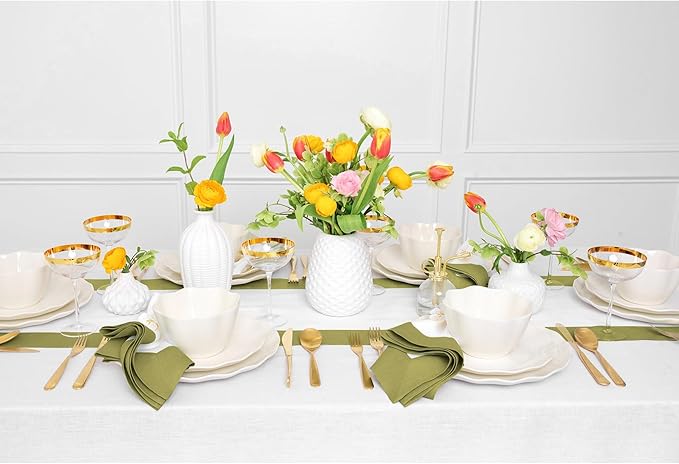 Solino Home Linen Table Runner 120 Inches Long - 100% Pure Linen Avocado and White Dining Table Runner 14 x 120 Inch for Winter, St Patricks Day - Contempo