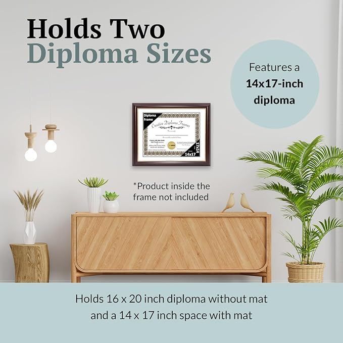 Creative Picture Frames 14x17 Mahogany Gold Rim Diploma Frame with White Mat Glass and Installed Wall Hangers | Frame Holds 16x20 Media without Mat