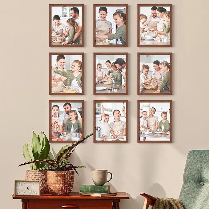 Renditions Gallery Set of 9, 11X14 Custom Photo Prints with Real Wood Picture Frames. Create Personalized Photos with Peel & Stick Photo Frames. Brown Frame