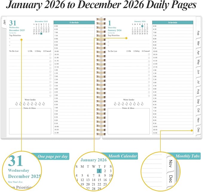 2026 Daily & Monthly Planner - One Page Per Day, Daily Planner from January 2026 - December 2026, Planner 2026 with 12 Monthly Tabs, 8.5" x 11", Blue Leaf Flower