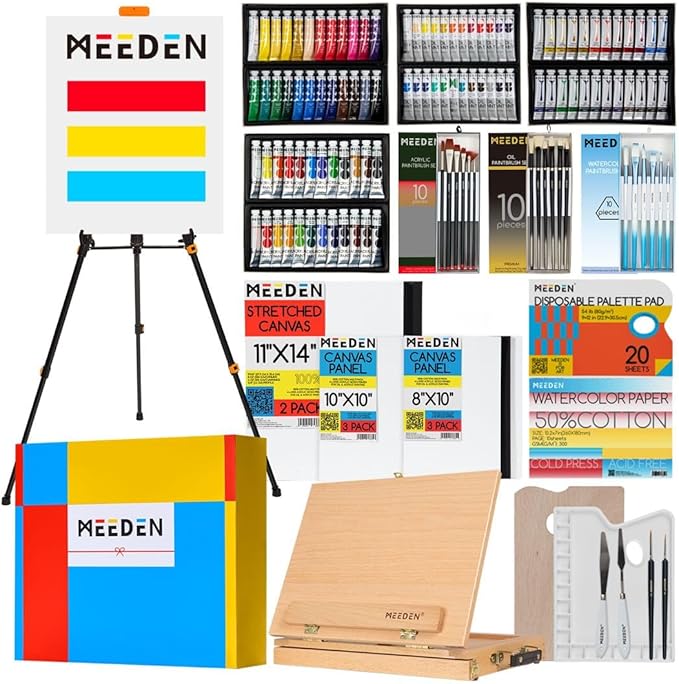 MEEDEN Professional Art Supplies - 142PCS All-in-one Painting Kits for Adults, Beechwood Easel, Aluminum Alloy Bracket, 30 Quality Brushes, 96 Paints & Other Professional Art Supplies.