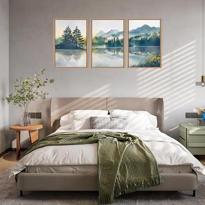 HPNIUB Large Green Mountain Framed Canvas Wall Art Set, Nature Foggy Forest Lake Reflection Wall Decor,Modern Pine Tree Artwork,Watercolor Landscape Art Print for Living Room,Bedroom,Office-16 x24 x3