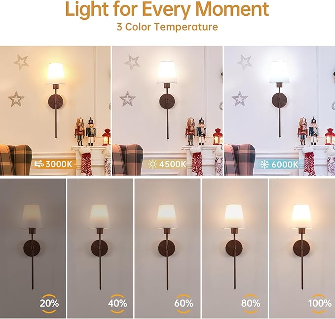 Battery Operated Wall Sconces Set of 2, Walnut Color Wall Lamp 5000 mAh Rechargeable Bulb with 12 RGB Colors Dimmable Wall Sconce for Living Room Bedroom