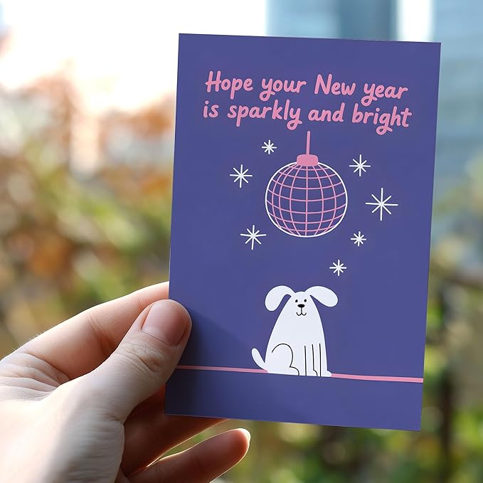 (5.3x8in) Hope Your New Year Is Sparkly and Bright Card with Envelope, Cute Dog and Disco Ball Design, Fun New Year Greeting for Friends, Family, Coworkers, and Pet Lovers (Xmas 30)