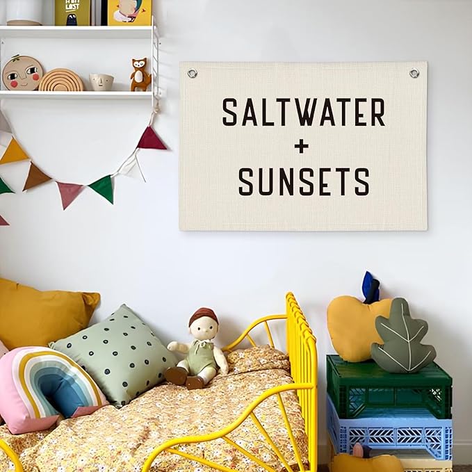 Coastal Beach Wall Decor, Saltwater Sunsets Banner for Kids Playroom, Nursery, Surf Shack | Nautical Vintage Rustic Sign 20x30 Inch