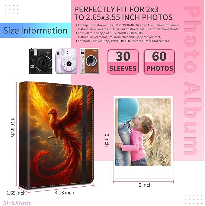 Mini Photo Album 2x3,60 Photos Capacity,PU Leather Cover with Elastic Band,High Definition Waterproof PP Pages for Family Wedding Anniversary Baby Record,Phoenix Flame Bird