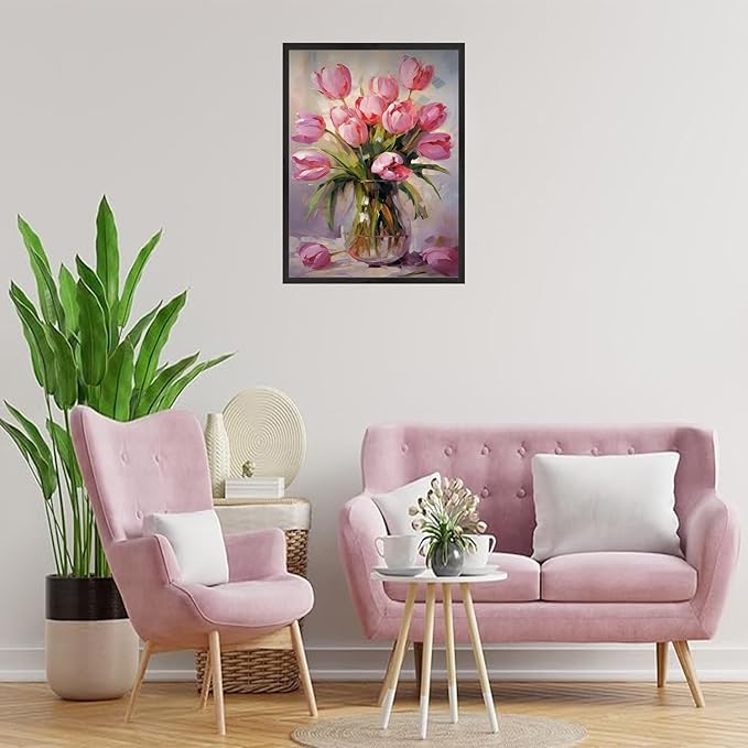 NWQZBYHT Tulips Diamond Art Kits for Adults,Floral Vase 5D Diamond Painting Kits for Beginner,DIY Round Full Drill Diamond Dots,Flowers Gem Painting kit for Adults Crafts Home Wall Decor 12x16 Inch