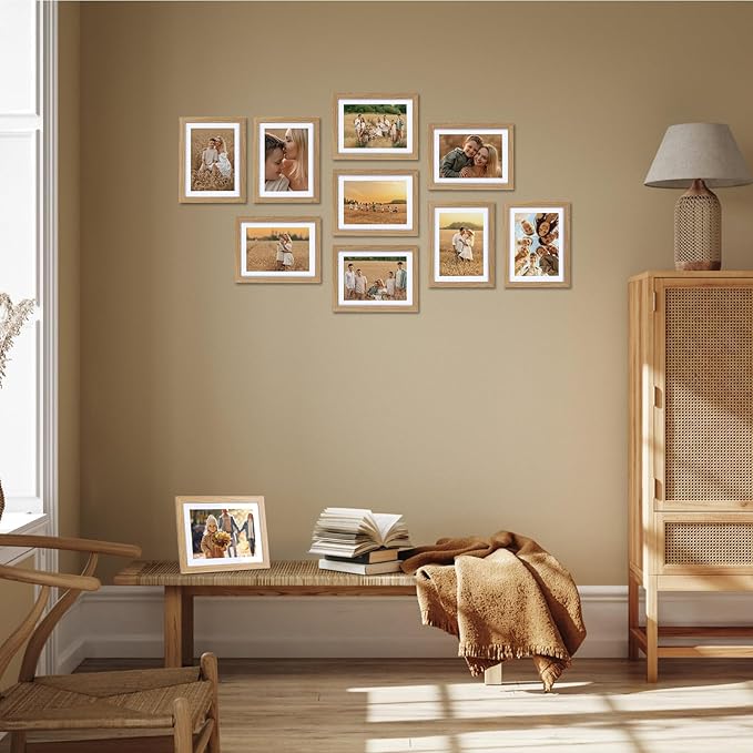 Lyeasw 5x7 Picture Frame 15 Pack, Display Pictures 5x7 with Mat or 6x8 without Mat, Natural Wood Color Bulk Photo Frames for Wall or Tabletop