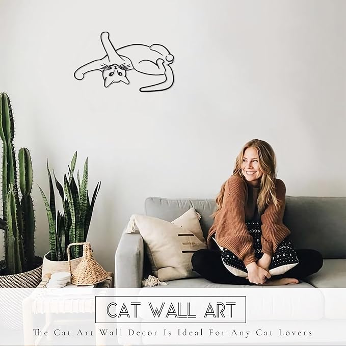 TYLCC Black Metal Cat Wall Decor Minimalist Abstract Cat Wall Art Line Drawing Art for Living Room Bedroom Decorations (Roll)