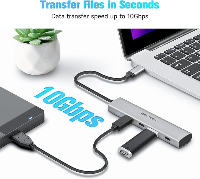 RSHTECH USB C Hub 10Gbps 4-Port USB 3.2 Gen 2 Dongle, Portable USB-C Multiport Adapter for Thunderbolt/Type C Laptop and More, Gray (RX04)