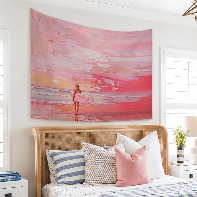 STHTTSW Pink Coastal Cowgirl Tapestry, Aesthetic Beach Tapestries Wall Blanket, Preppy Pink Girly Wall Hanging Decor for Teen Girl Women College Dorm Apartment Bedroom, 50x60 Inch