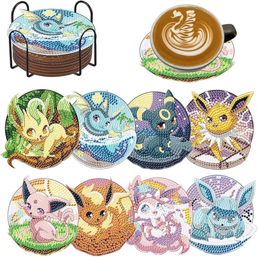 8 Pcs Diamond Painting Coasters with Holder, Beginners DIY Diamond Art Coasters Crafts for Adults,Small Diamond Painting Kits Circular Coaster Suitable for Gifts and Office Home(8 Wooden)