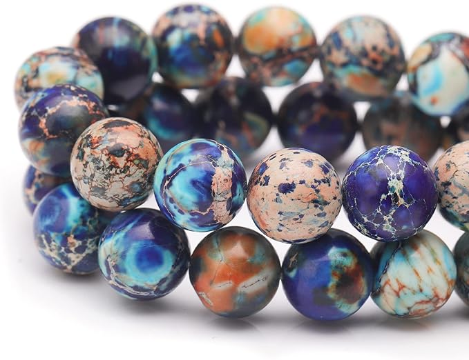 Youngbling Natural Gemstone Beads for Jewelry Making,8mm Mixed Blue Imperial Jasper Polished Round Smooth Stone Beads,Genuine Real Stone for Bracelet Necklace 16 Inch