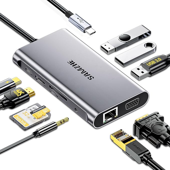 10-in-1 USB C Hub Multiport Adapter, USB C Docking Station with 4K HDMI, VGA 1080P, 100W PD, Ethernet, SD/TF, Audio, USB 3.0 Port, Laptop Dock for MacBook Pro/Air, iPad, Windows