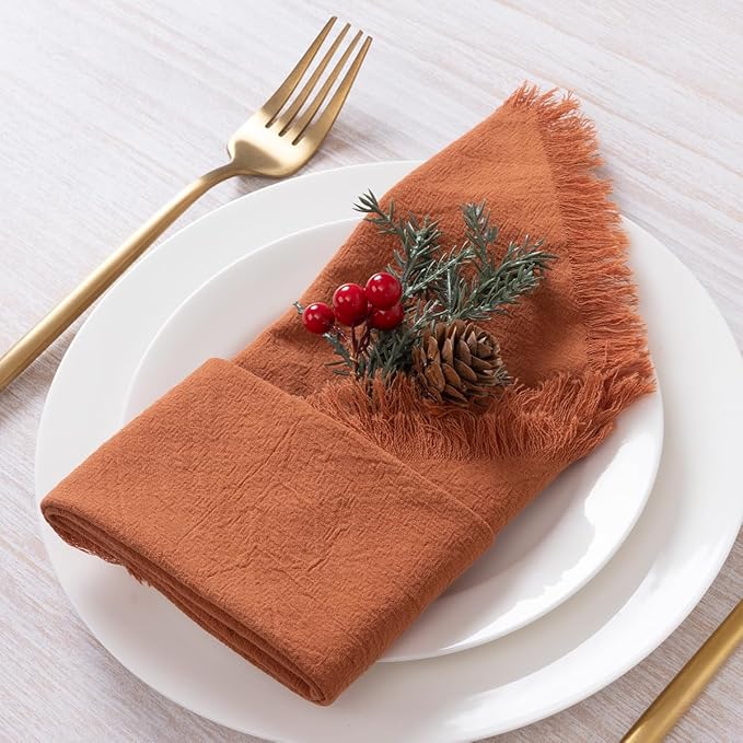 12 Pack Terracotta Cotton Linen Napkins with Fringe Spring Cloth Napkins Set of 12 Boho Handmade Dinner Napkins Bulk for Wedding Bridal Baby Shower Valentine's Day, 17 x 17 Inches