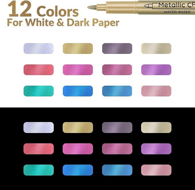12 Colors Metallic Paint Markers, Acrylic Paint Pens for Rock Painting, Glass, Wood, Fabric, Black Paper, Cards, Scrapbook,DIY Art Crafts (1mm)