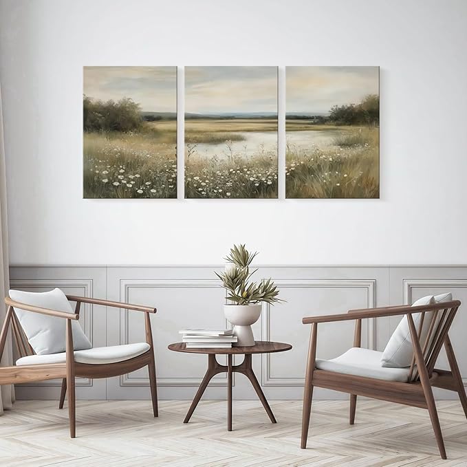 3 Pcs Framed Vintage Wildflower Canvas Wall Art Rustic River Pond Decor Landscape Botanical Print Posters Farmhouse Nature Scenery Pictures for Living Room Bedroom Kitchen 16x24 inch Ready to Hang