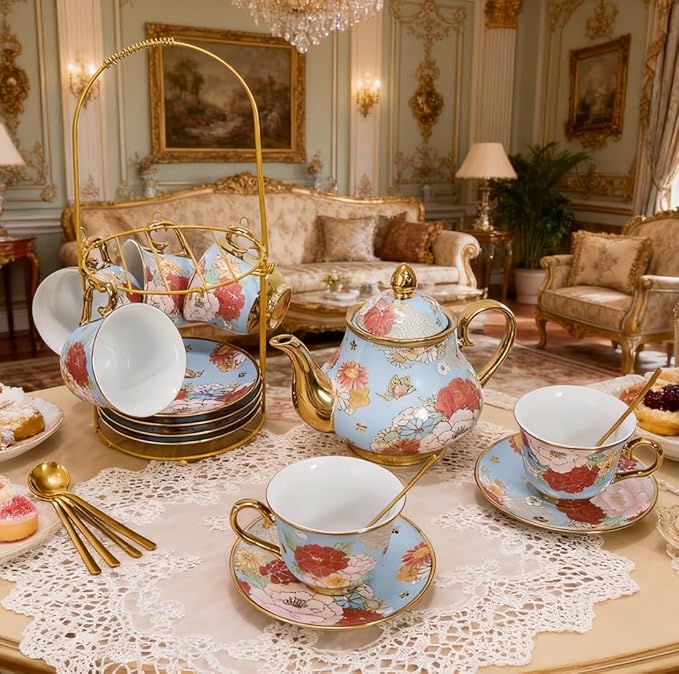 CHANJOON Gold Plated Red Rose Ceramic Tea Set, Vintage Tea Sets with Teapot, Beautiful Tea Set Coffee Serving 6 People (Green, X Large)