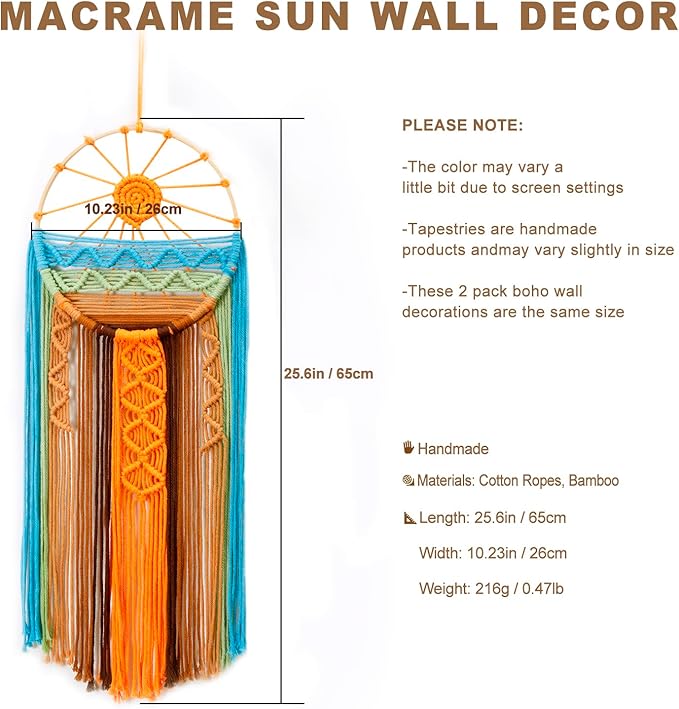 2 Pack Macrame Sun Wall Decor Hanging Tapestry Sunrise Sunset Wall Art Set, Hand Woven Boho Tapestries Colorful Decor for Bedroom Living Room Nursery Apartment (2 Pcs)