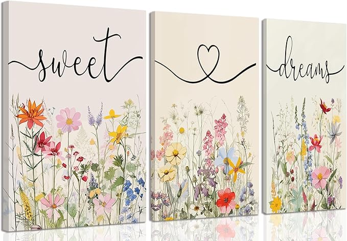 tgguytiy Framed Bedroom Canvas Wall Art Set of 3 Farmhouse Sweet Dreams Colorful Wildflowers Pictures Prints Wall Decor for Above Bed Wall Decor Bedroom Decor 12x16in