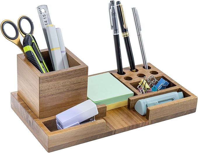 MyGift Acacia Solid Wood Desktop Stationery Holder - Sticky Note & Office Supplies Storage Tray - Organizing Desk Organizer for Office, Home, and Workspaces