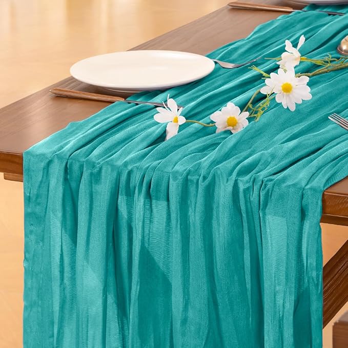 Socomi 6pcs Teal Blue Cheesecloth Table Runner Boho Rustic Gauze 120 inch 10FT Cheese Cloth Runner for Wedding Party Baby Shower Birthday Home Decor