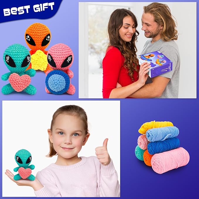 ekaus Crochet Kit for Beginners, Crochet Kit with Step-by-Step Video Tutorials, Crochet DIY Knitting Supplies for Adults, Crochet Aliens(45%+ Yarn)