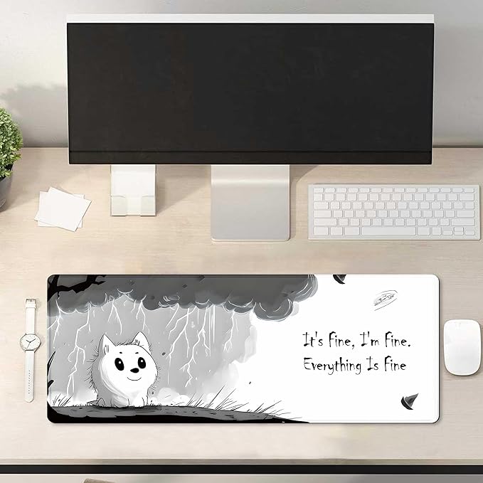 Cute Mouse Pads for Desk, Large Non-Slip Rubber Base Mousepad, Keyboard Mat Mouse Mat Desk Pad with Stitched Edges, It's Fine I'm Fine Extended Desk Protector for Home Office 31.5x11.8inch