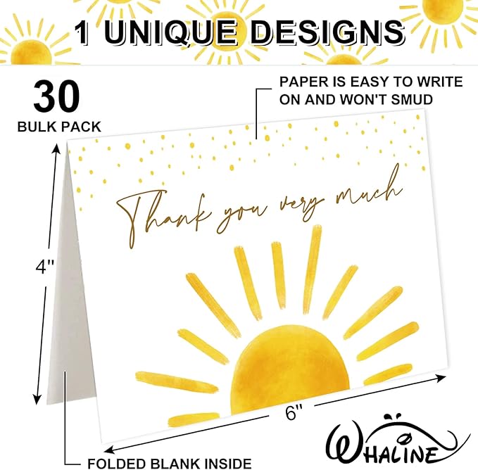 Whaline 30 Pack Baby Shower Thank You Cards with Envelopes Stickers Boho Sun Greeting Cards Sunshine Blank Note Card for Baby Shower Birthday Wedding Party Supplies, 4 x 6 Inch