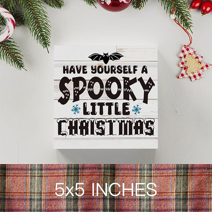 Rustic Winter Have Yourself a Spooky Little Christmas Bat Wood Box Sign, Farmhouse Christmas Santa Artwork Decor, Wood Square Sign Desk Block Signs Home Shelf Office Decoration 5 x 5 Inches