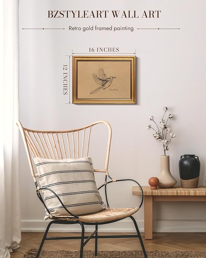 Bzstyleart Vintage Wall Art Decor,Georgia Bird Vintage Gold Framed Wall Art,Sketch Painting Picture,Room Decor Aesthetic,Canvas Prints for Apartment Decor Kitchen Bathroom Office,12L x 16W