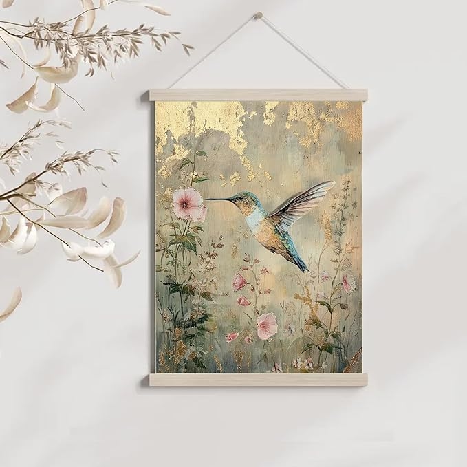 bitCNY 12x16 Inch Hummingbird Canvas Wall Art – Floral Gold Foil Style Poster, Linen Hanging Print for Nature and Bird Lovers Decor