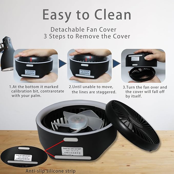 Small Fan, High Power Silent Desk Fan Portable USB Fan 3000mAh Rechargeable Battery Powered, 3 Speed 5.3in with Night Light/Hook,180°Rotated Easy Clean (Black)