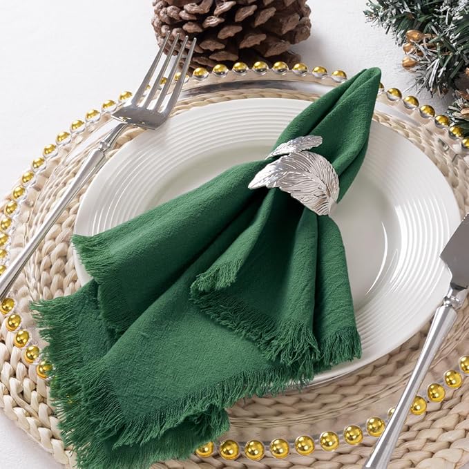 12 Pack Dark Green Cotton Linen Napkins with Fringe Christmas Green Cloth Napkins Set of 12 Boho Handmade Dinner Napkins Bulk for Wedding Bridal Baby Shower Valentine's Day, 17 x 17 Inches