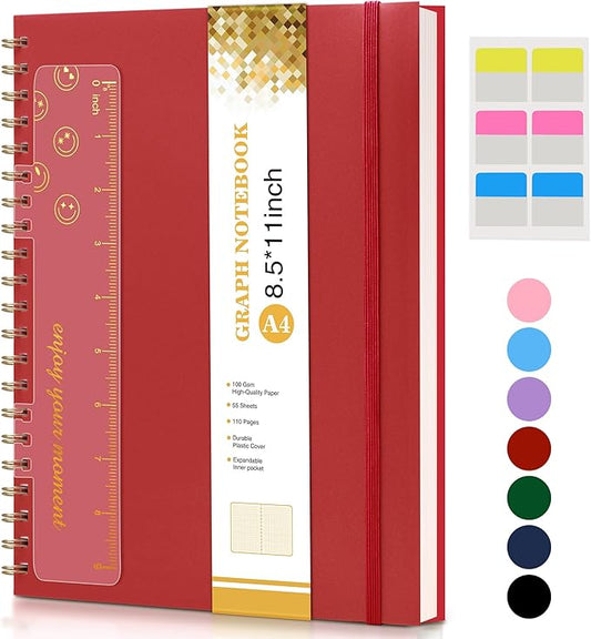 Graph Paper Notebook, Spiral Notebook Journal 8.5” x 11”, A4 Large Grid Notebooks for Women Men, 100 GSM Graph Paper, Plastic Hardcover Spiral Graphing Journals for Work School Engineerin, Red