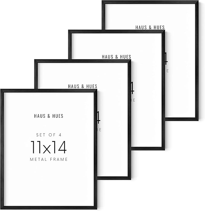 HAUS AND HUES 11x14 Black Metal Picture Frames - Features Premium Aluminum & Hanging Hardware, Shatterproof Plexiglass - Ideal for Home, Room, Office (11x14 in, Black, Set of 4)