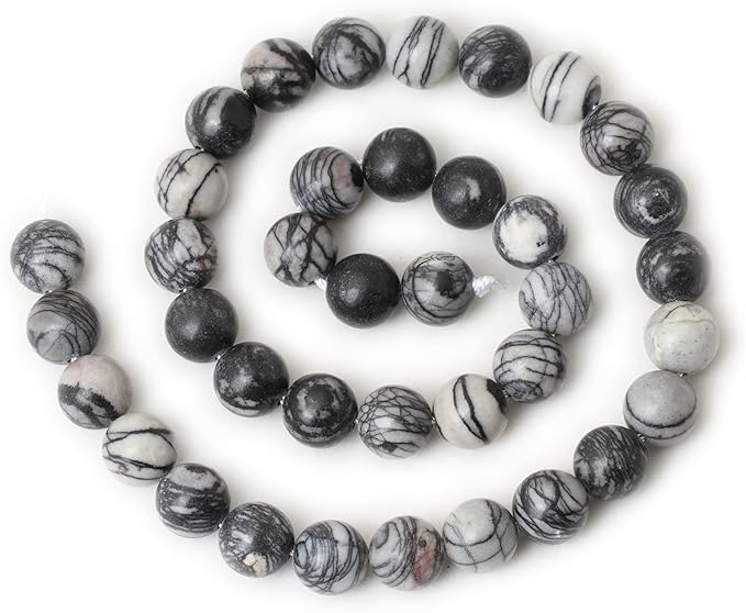 35PCS 10mm Natural Black Network Zebra Stone Round Loose Beads for Jewelry Making DIY Bracelet Necklace Materials 1 Strand 15"