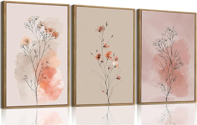 okudolit Boho Vintage Flower Wall Art Set of 3 Minimalist Floral Botanical Prints Rustic Wildflower Wall Decor Beige and Pink Neutral Plant Painting for Living Room Bedroom Office-16x24in
